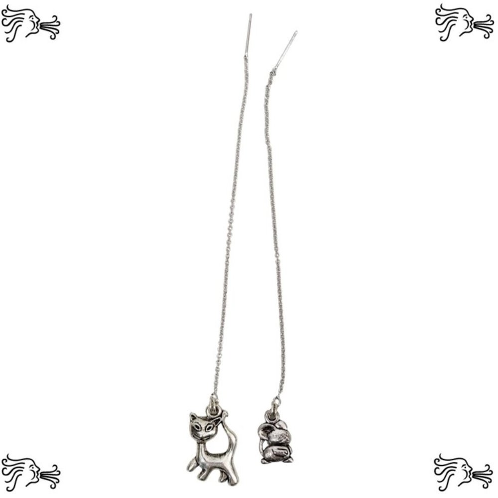 Threader Chain Earrings Cat and Mouse Charm Silver